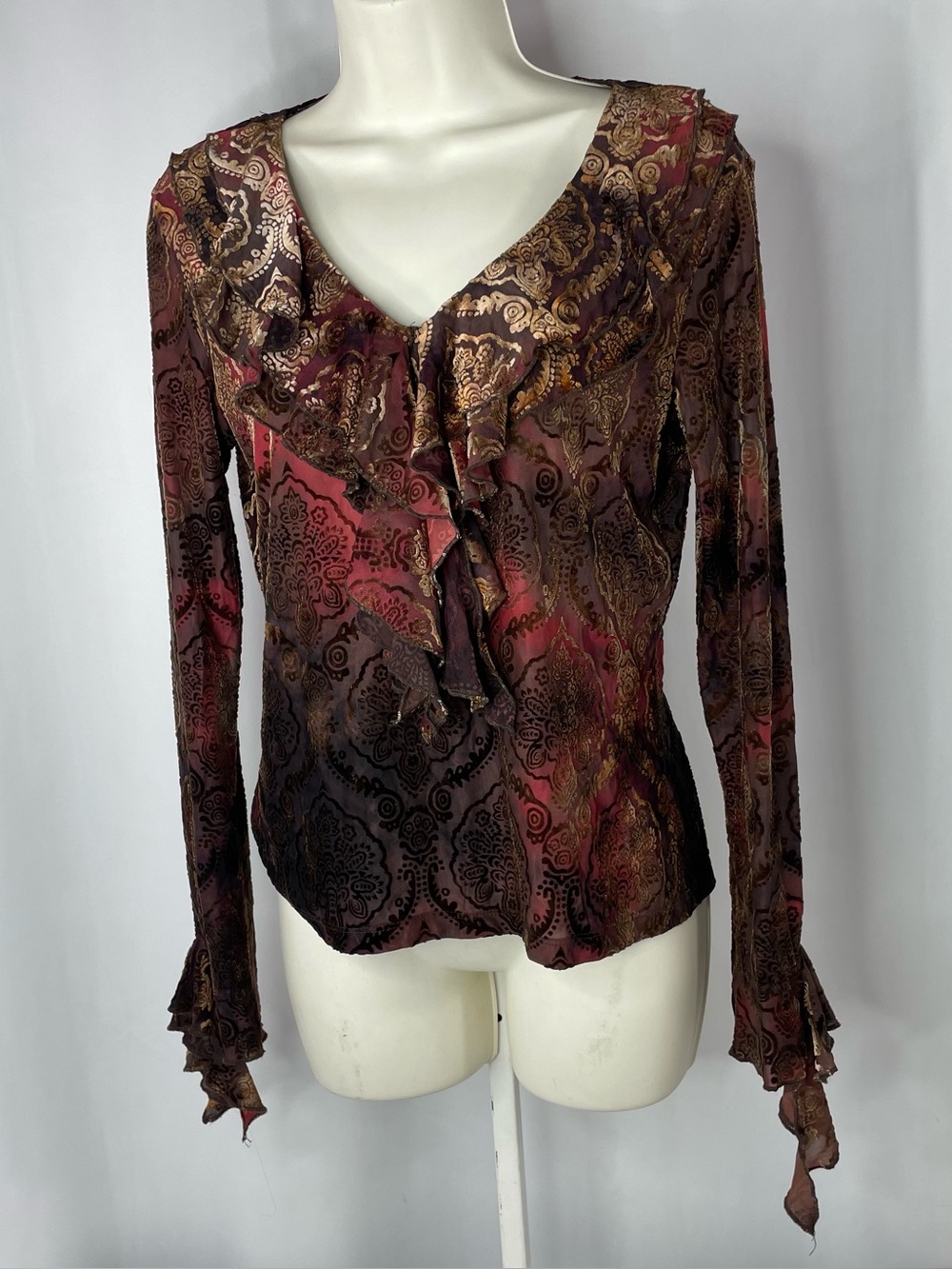 Y2K Dressbarn Velvet Burnout Paisley Ruffle Bell Sleeve Witchy Whimsigoth Top M